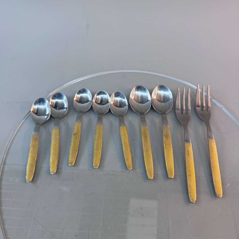 Abert Inox 18/8 Flatware Mixed Set 9pc Silver Gold Textured MCM Vintage Cutlery
